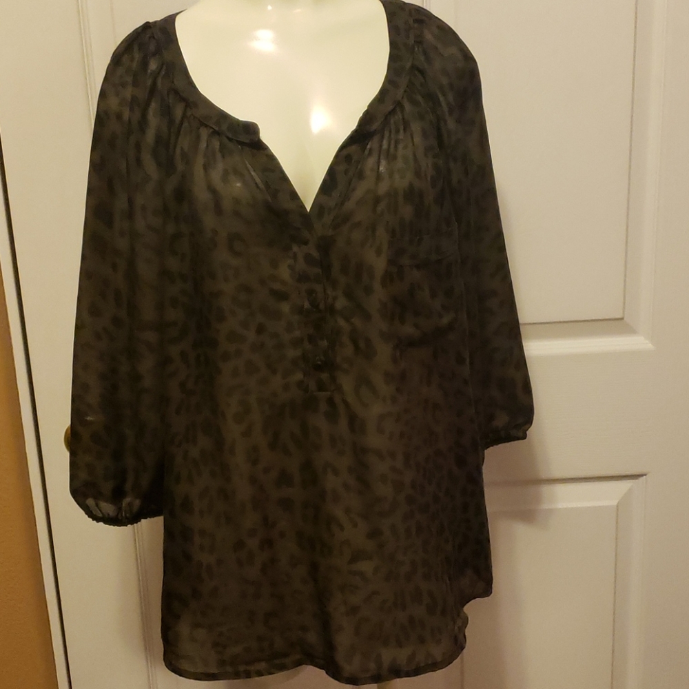 LOFT Sheer Leopard Print Blouse - Black and Brown